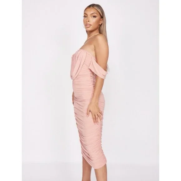 Pink Short Sleeve Off Shoulder Ruched Bodycon Midi Dress - Picture 3 of 14